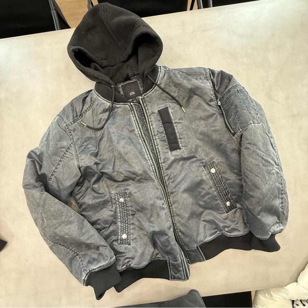 River Island Gray and Black Hooded Bomber Jacket